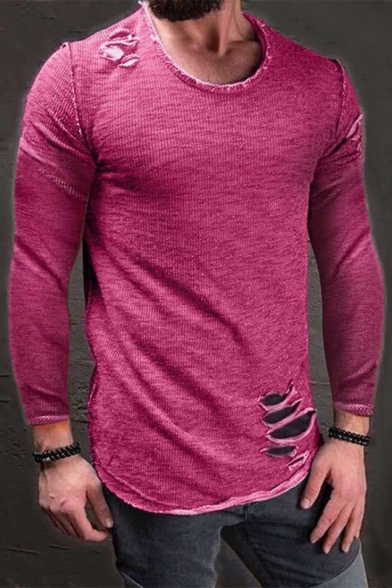 Men's Stylish Cool Ripped Detail Simple Plain Round Neck Long Sleeve Slim T-Shirt