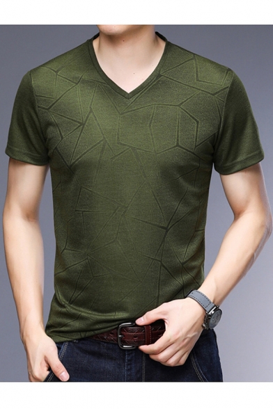 Men's Summer Stylish Jacquard Short Sleeve V-Neck Loose Fitted T-Shirt