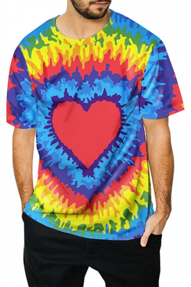 Men's Trendy Colorful Fire Tie Dye Heart Printed Round Neck Casual T-Shirt