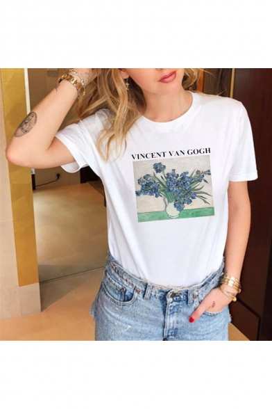 New Popular Van Gogh Floral Printed Short Sleeve Loose Fit White T-Shirt