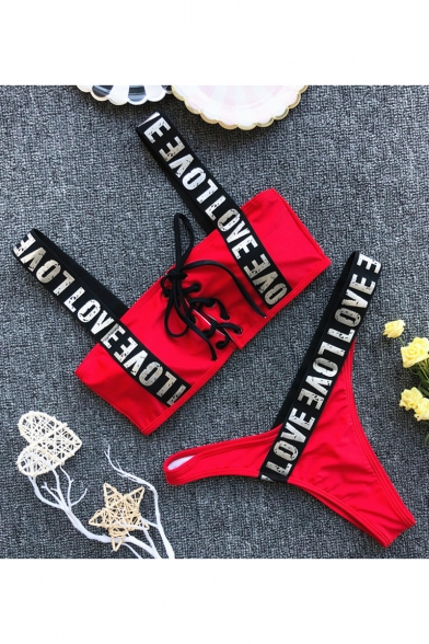 New Stylish Letter LOVE Printed Sexy Hollow Out Lace-Up Summer Bikini Swimwear