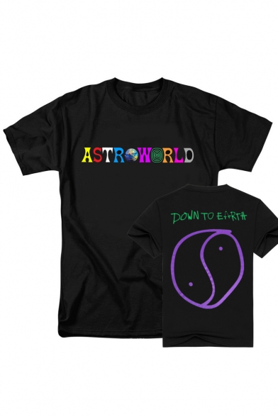 Popular Colorful Letter ASTROWORLD Print Black Short Sleeve T-Shirt
