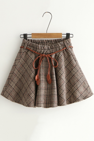 Retro Khaki Plaid Printed Elastic Tied Waist Mini A-Line Skirt for Students
