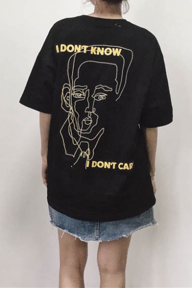 Street Fashion Cool Letter I DON'T KNOW I DON'T CARE Abstract Portrait Print Oversized T-Shirt