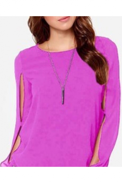 Stylish Cut Out Long Sleeve Round Neck Solid Color Chiffon Blouse