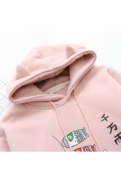 Thick Warm Plush Long Sleeve Cat Cat Letter Printed Cat Claw Embellished Ribbon Hoodie