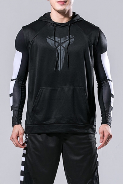 Trendy Logo Print Outdoor Athletic Quick Dry Sleeveless Black Lightweight Hoodie