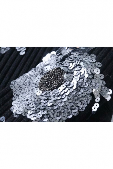 Black Mock Neck Long Sleeve Sequined Floral Embellished Knit Sweater