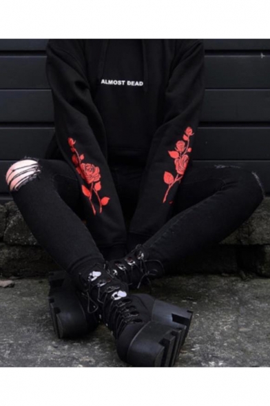 Chic Floral Rose Print Long Sleeve Letter ALMOST DEAD Front Black Loose Fit Hoodie