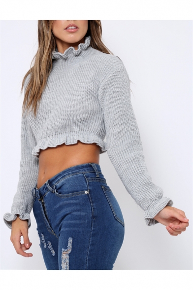 Chic Ruffle Hem Stand Collar Long Sleeve Simple Plain Cropped Sweater for Women