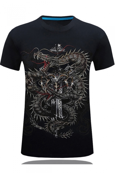 Cool 3D Dragon Sword Pattern Round Neck Short Sleeve Men's Fitted T-Shirt
