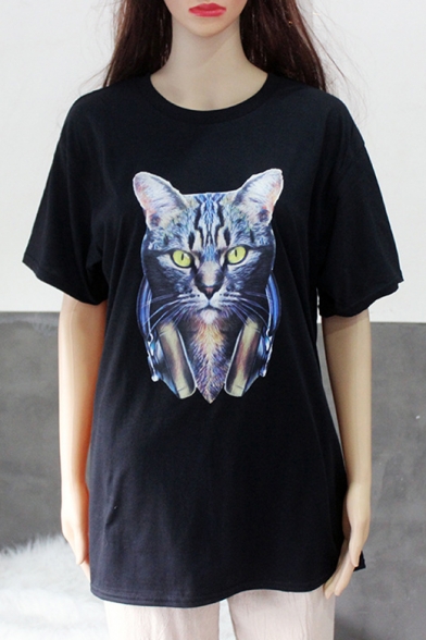 Cool Cat Printed Crewneck Short Sleeve Loose Leisure T-Shirt