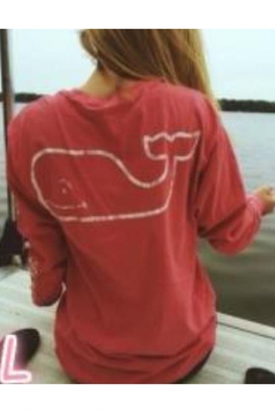 Cute Cartoon Whale Printed Round Neck Long Sleeve Loose Fit T-Shirt