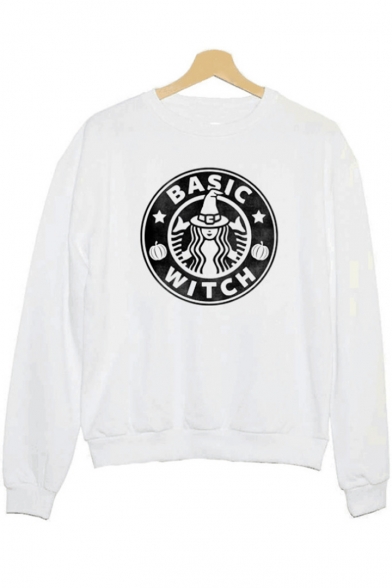 Fashion Circle Letter BASIC WITCH Figure Print White Long Sleeve Pullover Sweatshirt