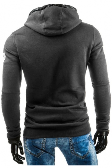Fashion Classic Letter BLACK Pattern Long Sleeve PU Patched Trim Pullover Fitted Hoodie for Guys