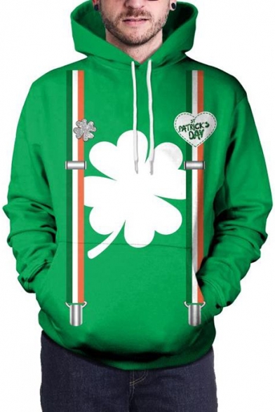 Green 3D St.Patrick's Day Leaf Printed Long Sleeve Casual Drawstring Hoodie