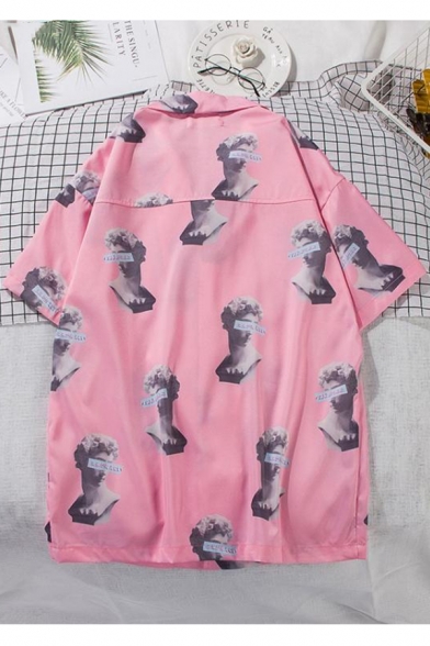 Holiday Beach Stylish Portrait Print Short Sleeve Notched Lapel Collar Pink Button Shirt