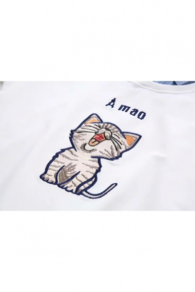 Lapel Collar Patch Long Sleeve Cat Letter Embroidered Leisure Relaxed Pullover Sweatshirt