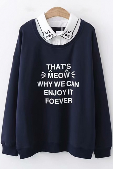 Lovely Cartoon Cat Embroidered Lapel Collar Patched Long Sleeve Letter Printed Pullover Sweatshirt