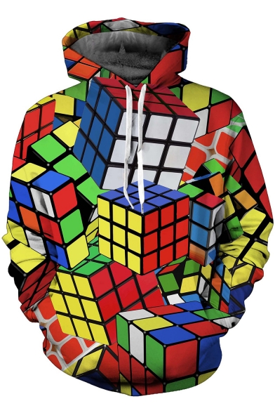 Men's Fashion 3D Magic Cube Printed Loose Leisure Pullover Red Hoodie