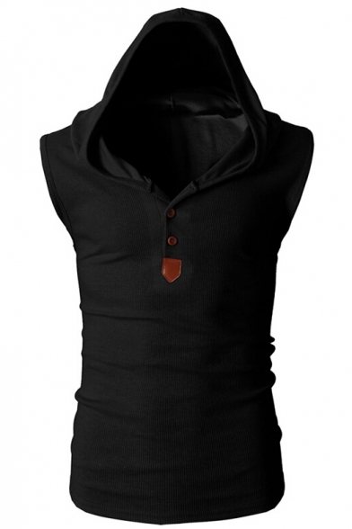 Men's Simple Plain Sleeveless Hooded Button-Embellished Fitted Sport Vest Tank