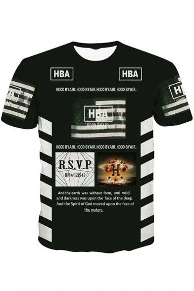 Men's Street Style Hip Hop Fashion Letter HBA Striped Print Black Fitted T-Shirt