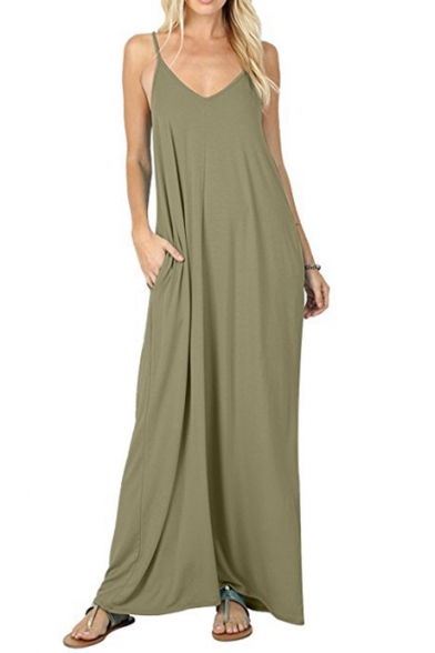 New Arrival Trendy Spaghetti Straps Simple Plain Maxi Casual Loose Slip Dress with Pocket