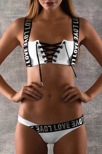 New Stylish Letter LOVE Printed Sexy Hollow Out Lace-Up Summer Bikini Swimwear