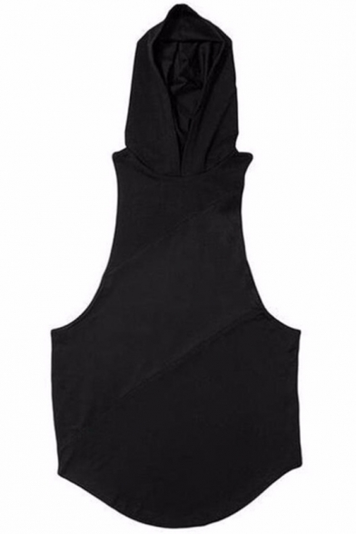 New Trendy Patchwork Sleeveless Hooded Simple Plain Round Hem Bodybuilding Loose Vest Top for Men