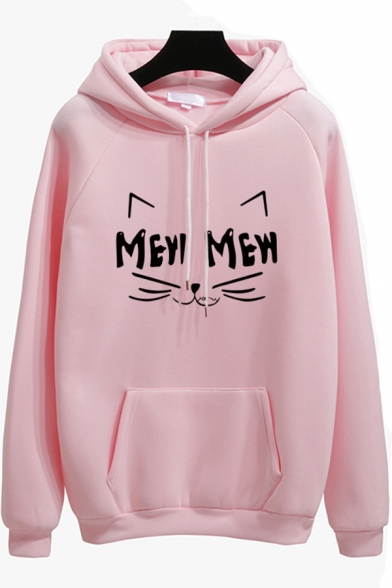Novelty Long Sleeve Cartoon Cat Letter MEW Printed Warm Thick Drawstring Hoodie