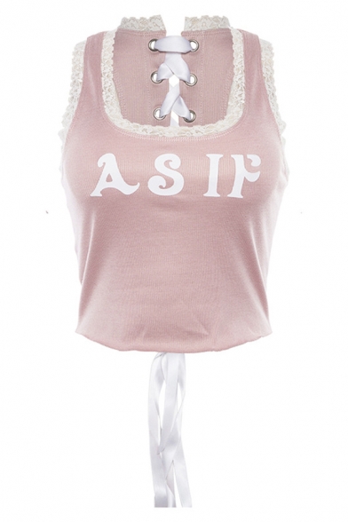 Popular Letter AS IF Print Lace-Trimmed Scoop Neck Cropped Pink Tank for Girls
