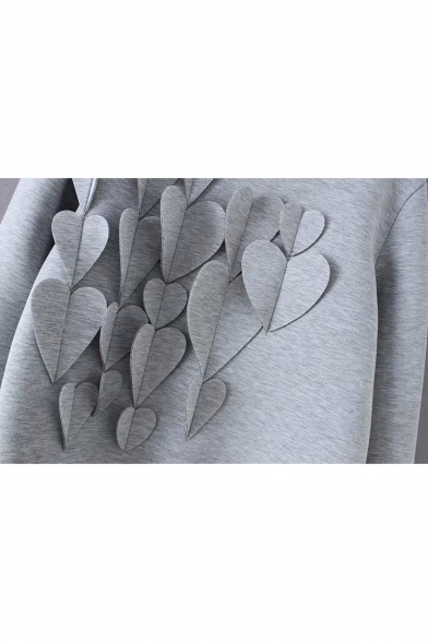 Round Neck Long Sleeve Heart Embellished Gray Pullover Sweatshirt