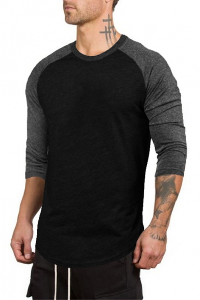 Round Neck Three-Quarter Raglan Sleeve Fashion Colorblock Fitted Cotton Fitness T-Shirt
