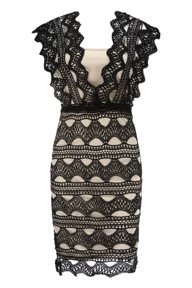 Sexy V-Neck Hollow Out Lace-Panelled Fashion Split Back Midi Pencil Dress with Liner
