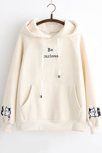 Simple Letter BE CURIOUS Embroidered Cartoon Cat Print Long Sleeve Warm Thick Hoodie
