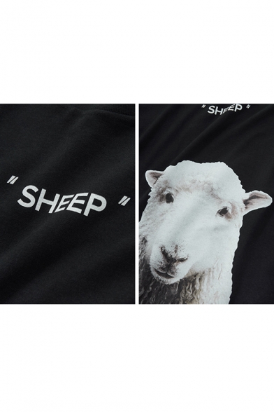 Stylish Animal Sheep Letter HEAL THE WORLD Print Basic Short Sleeve Loose T-Shirt