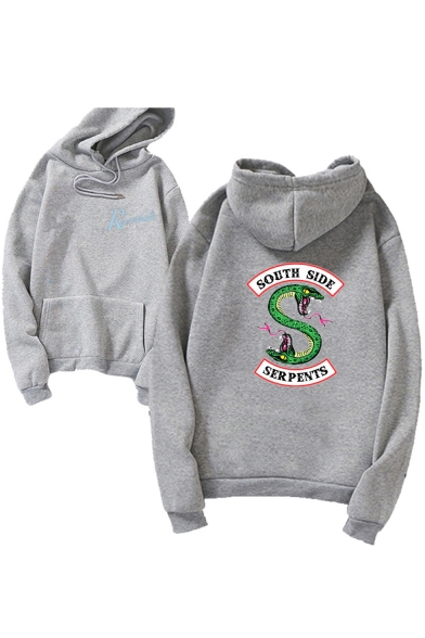 Stylish Letter SOUTH SIDE Snake Print Back Logo Chest Loose Casual Hoodie