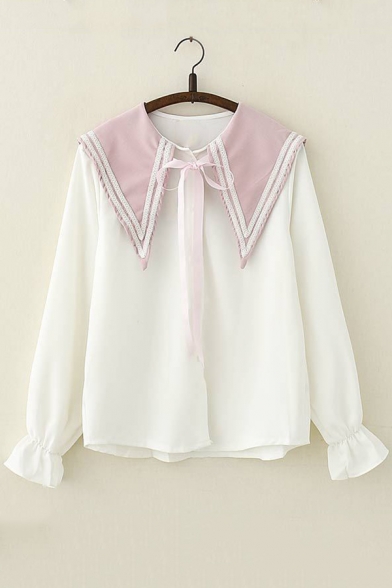 Sweet Cute Long Sleeve Navy Collar Colorblock Bow Tie Front Chiffon Button Down Shirt