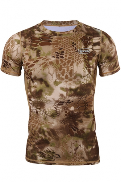 Trendy Brown Snakeskin Printed Summer Short Sleeve Vented Quick Dry Slim Fit T-Shirt