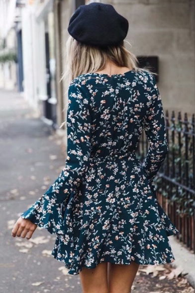 Women's Fashion Floral Printed V-Neck Flared Sleeve Mini A-Line Dress