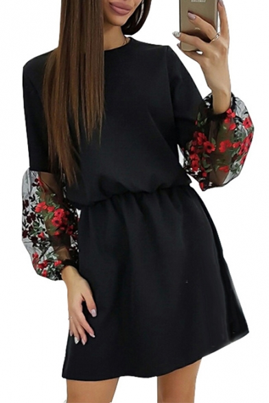 Black Floral Embroidered Puff Sleeve Retro Mini A-Line Dress for Girls