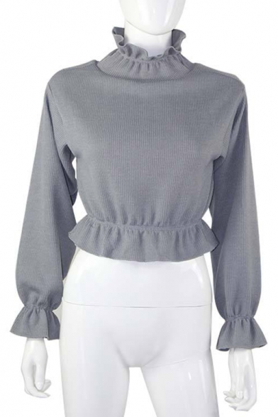 Chic Ruffle Hem Stand Collar Long Sleeve Simple Plain Cropped Sweater for Women