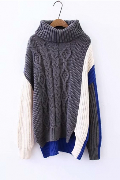 Colorblock Long Sleeve High Neck Cable High Low Asymmetrical Relaxed Sweater