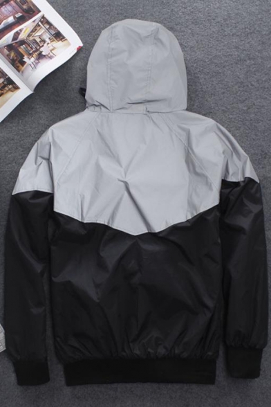 Colorblock Long Sleeve Zip Gray Reflective Hooded Coat