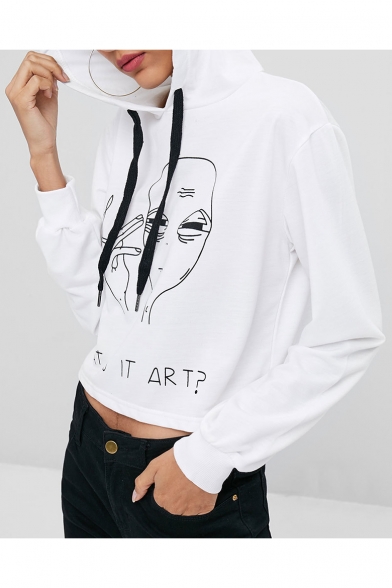 Cool Smoking Alien Letter BUT IS IT ART Print Long Sleeve White Cropped Hoodie
