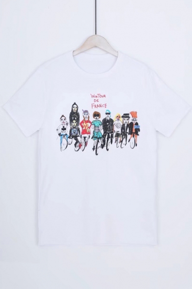 Craft Graffiti Cartoon Character Letter WINTOUR DE FRANCE Printed Short Sleeve Round Neck White Tee