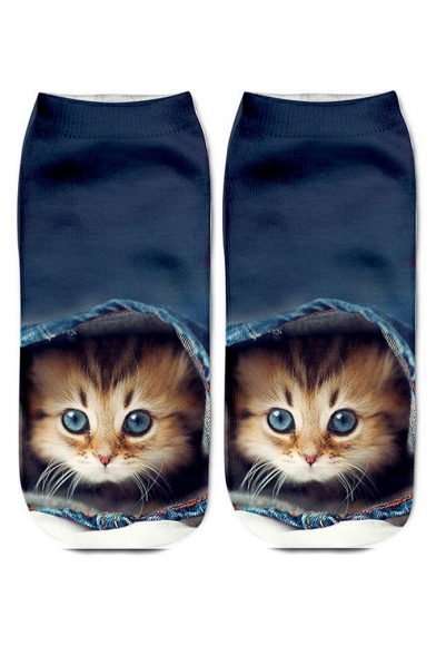 Cute 3D Cartoon Cat Printed Blue Cotton Ankle High Socks