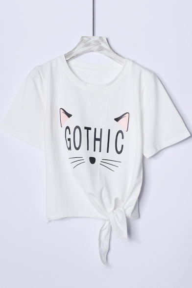 Cute Cartoon Cat Letter GOTHIC Printed Round Neck Short Sleeve Knotted Hem Cropped Cotton T-Shirt