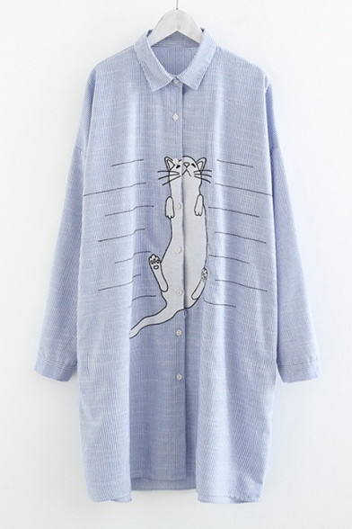 Cute Cartoon Cat Print Button Front Long Sleeve Striped Longline Shirt