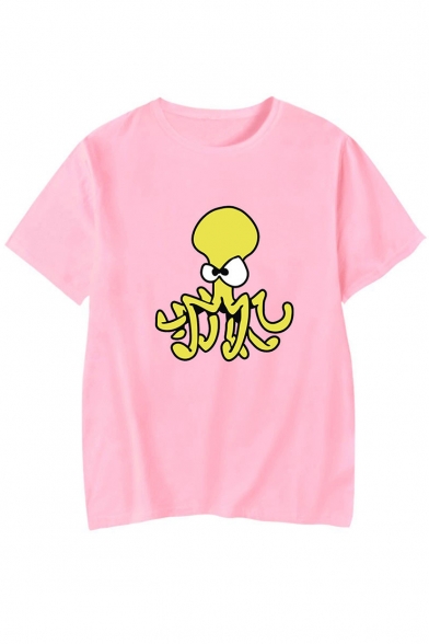 Funny Cartoon Octopus Pattern Basic Round Neck Short Sleeve Loose Leisure Tee